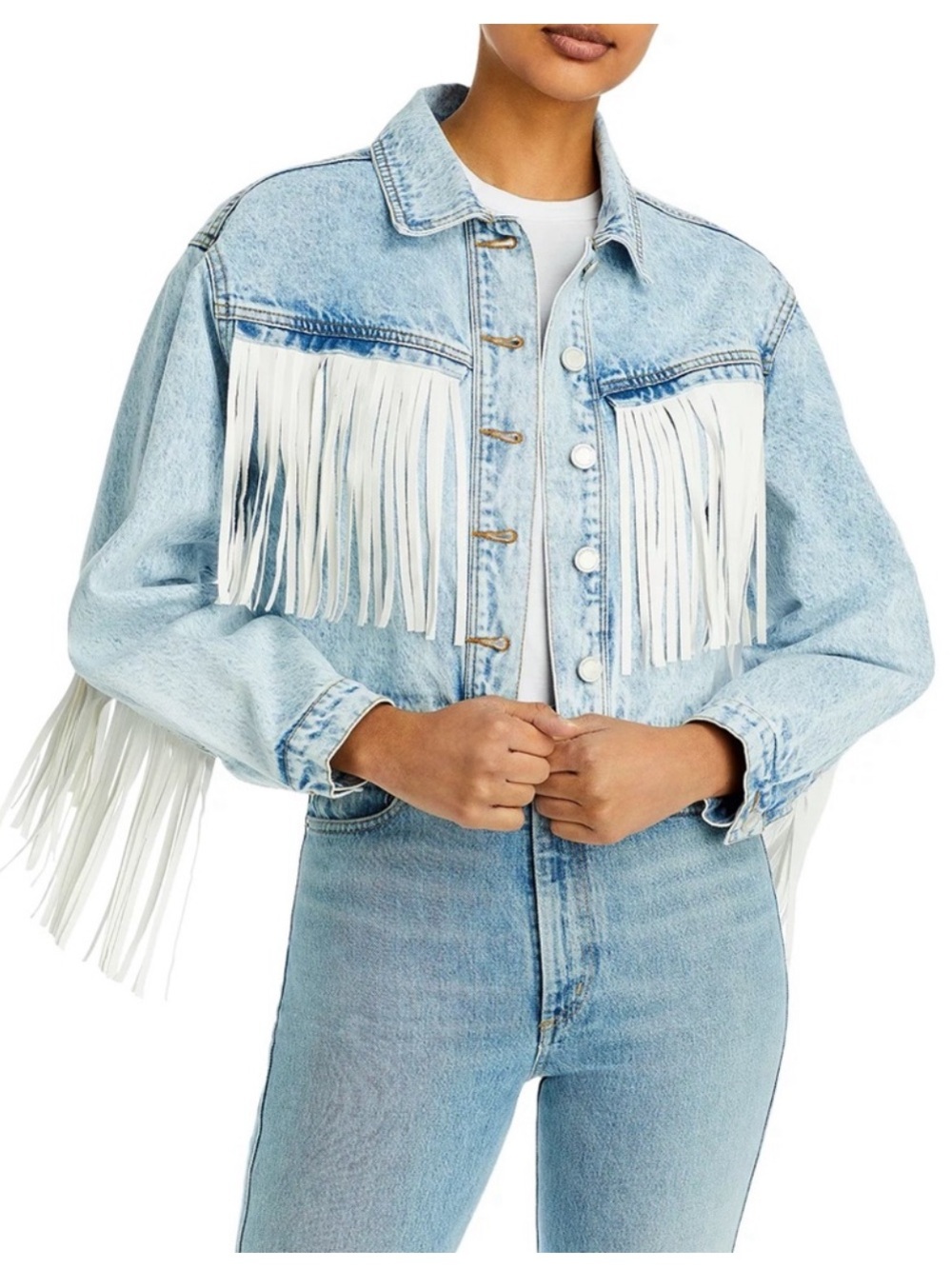 Blank NYC Light Blue Denim Jacket with White Fringe